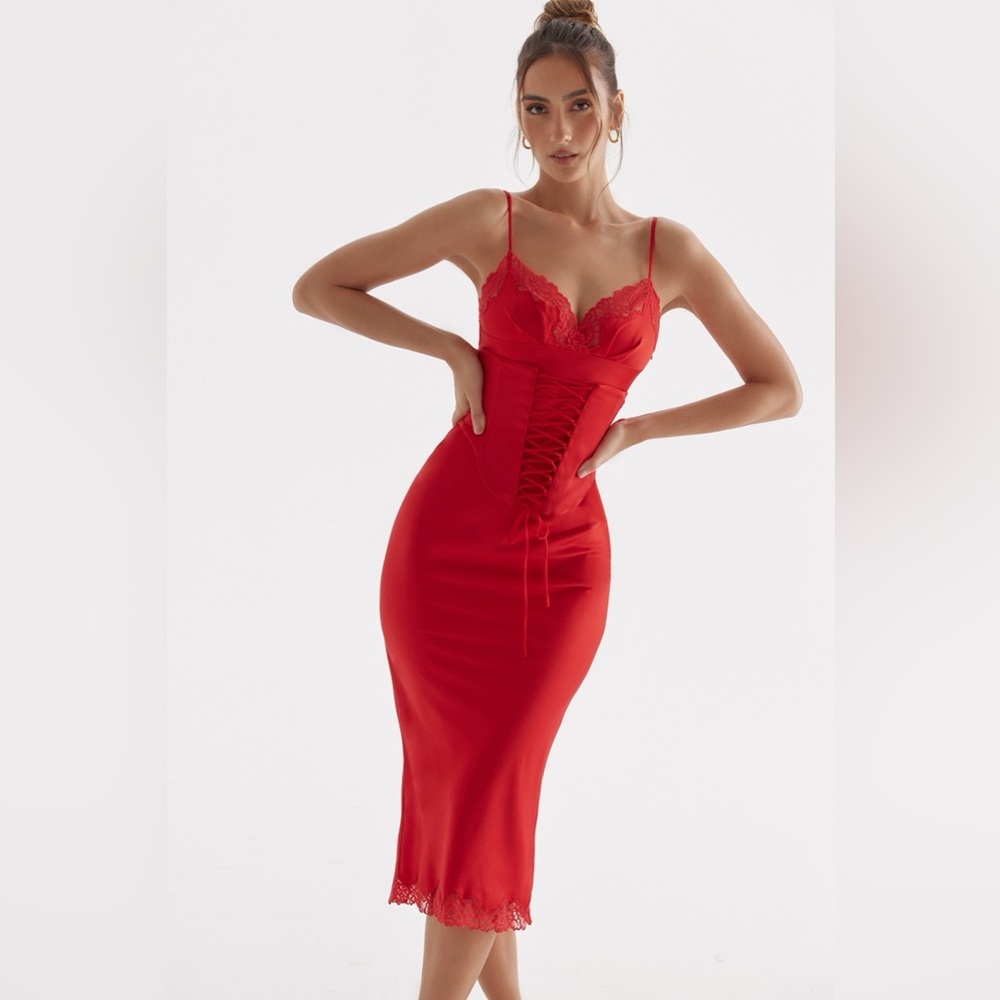 HOUSE OF CB Salma Red Rose Satin Slip Dress S